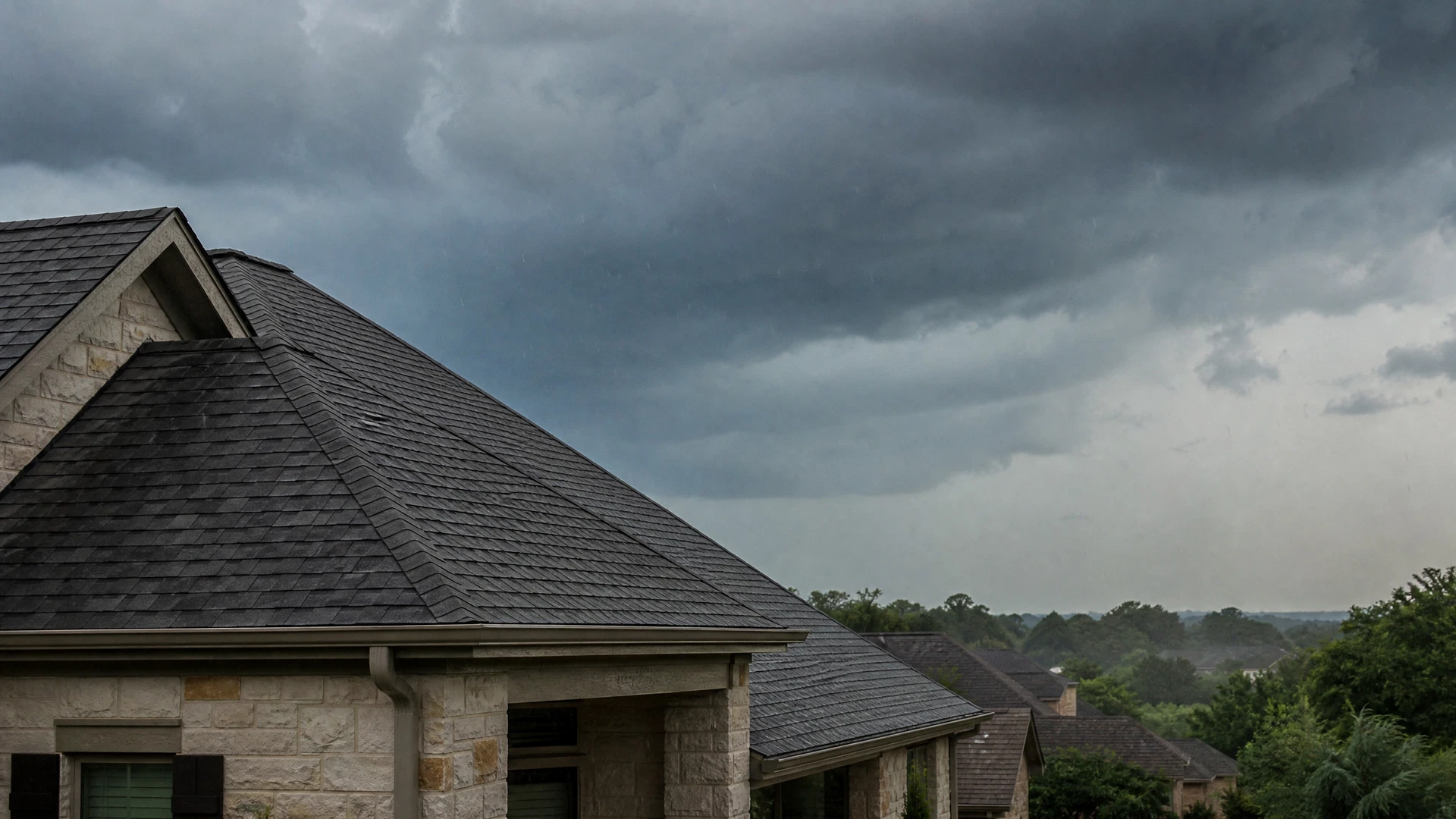 Residential roofline beneath humid Gulf Coast storm clouds
